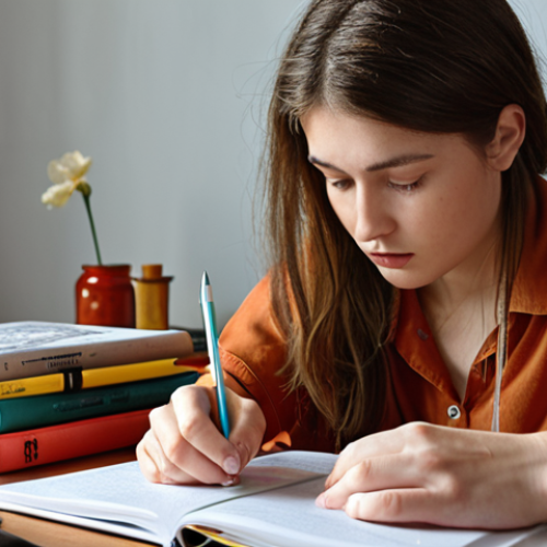 Home 4 ** A person studying with the Pomodoro Technique, showing a focused individual with a timer, books, and study materials. The environment should be conducive to studying (e.g., a desk with minimal distractions).
**